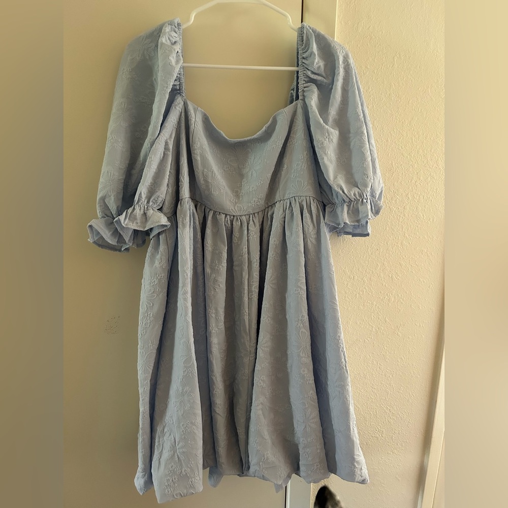 Adorable dusty blue dress with flower detailing. Never worn!